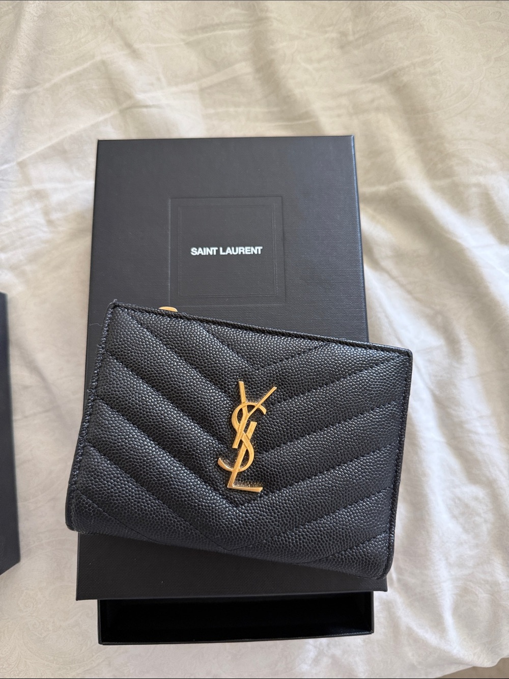 Saint Laurent Black Quilted Leather Compact Wallet with Gold YSL Emblem - Picture 1 of 5